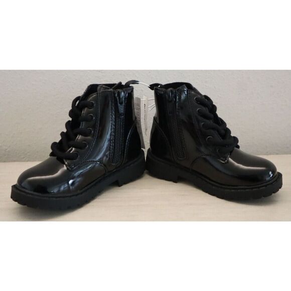 Old Navy 749932 Toddler Girl Sz 8 Black Shiny Faux-Leather Side-Zip Combat Boots - Picture 7 of 7
